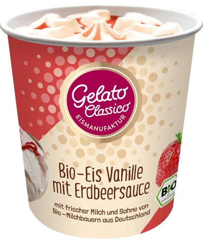 Produktfoto zu Vanille Eis mit Erdbeersauce