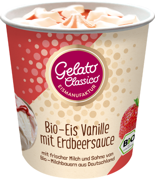 Produktfoto zu Vanille Eis mit Erdbeersauce