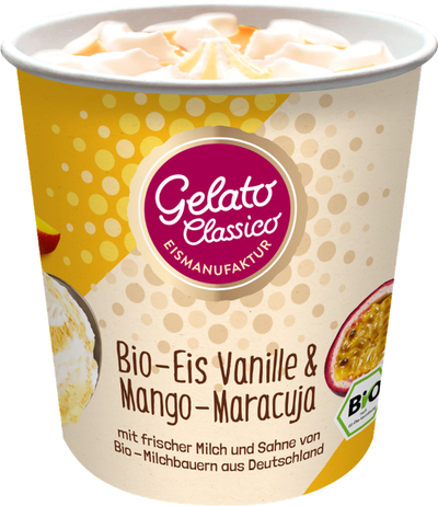 Produktfoto zu Vanille Eis Mango-Maracujasauce
